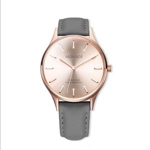 NWT Monroe Solérose Charcoal Leather and Rose Gold Stainless Steel Watch